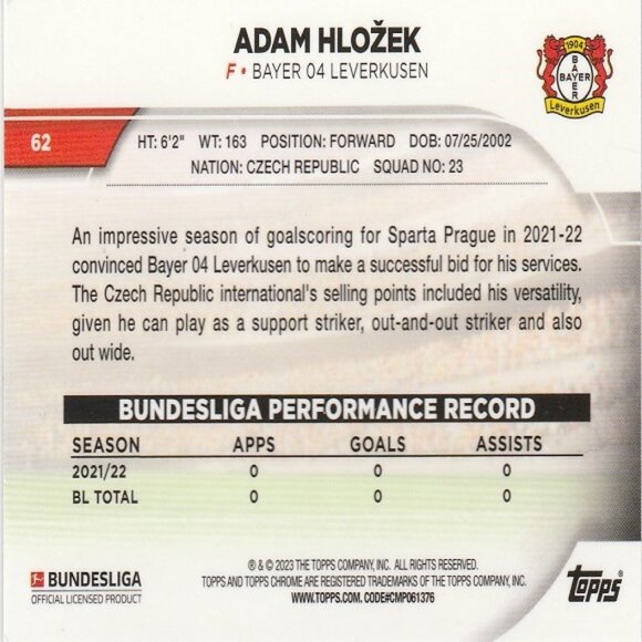 Adam Hlozek - 2023 Topps Chrome MLS Soccer Series Card - Card Number 62 - Picture 2 of 2